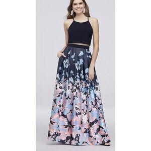 Betsy & Adam Maxi Dress Womens 4 Blue Floral Halter Illusion Waist Formal Prom